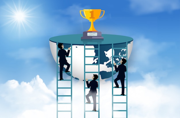 3人のビジネスマンの競争は空のトロフィーの目的に梯子を登る 最高の達成者の一人になる プレミアムベクター