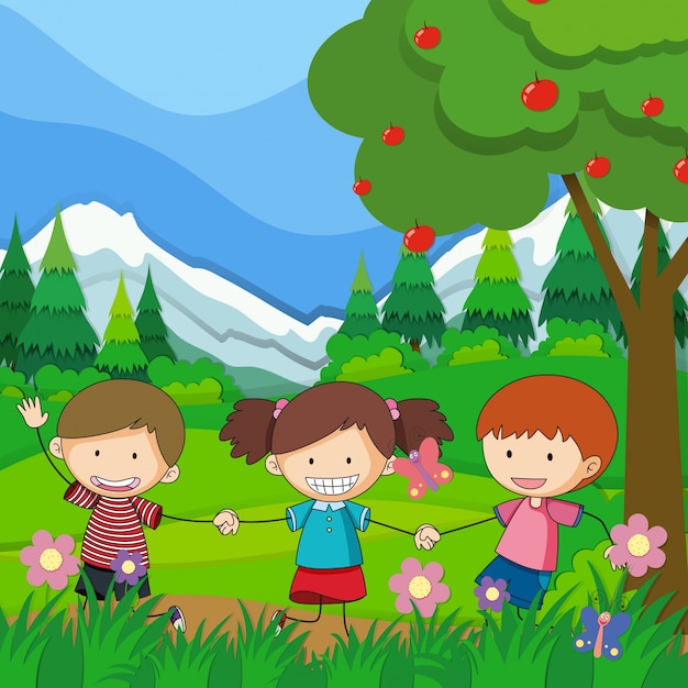 Free Vector | Three children playing in the park