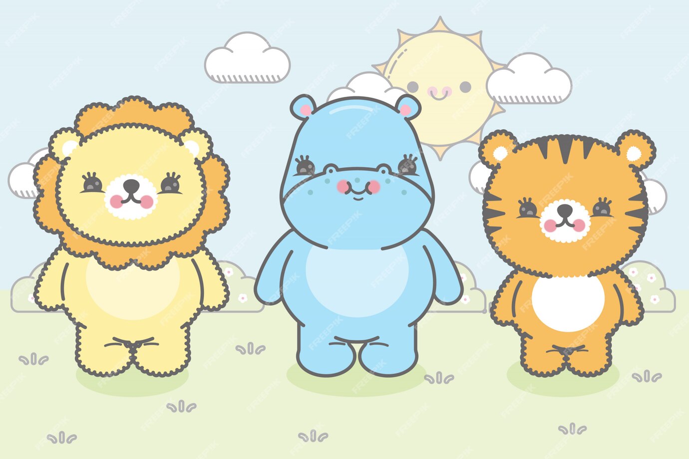 Premium Vector | Three cute baby jungle animals kawaii style. premium