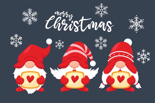 Premium Vector | Three cute christmas gnomes with hearts on the winter