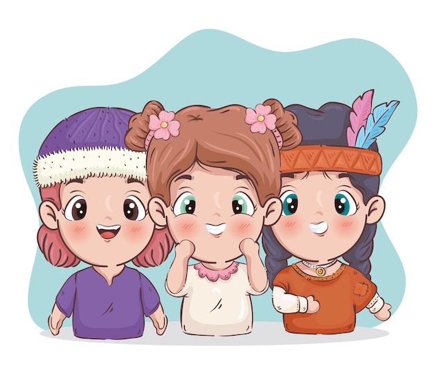 3人の女の子の漫画イラスト プレミアムベクター