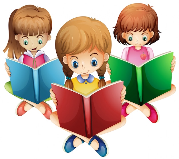 Premium Vector | Three girls reading books