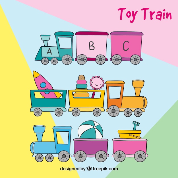 Three hand drawn trains of toys
