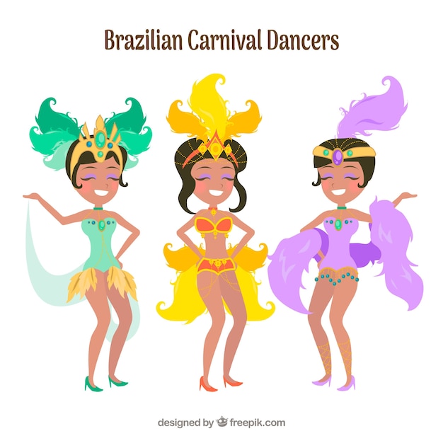 Three happy brazilian carnival dancers