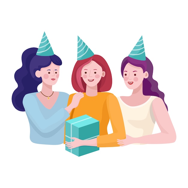 友達イラストにプレゼントを与える3つの幸せな笑顔の女の子 お誕生日おめでとう 休日フラットコンセプト プレミアムベクター