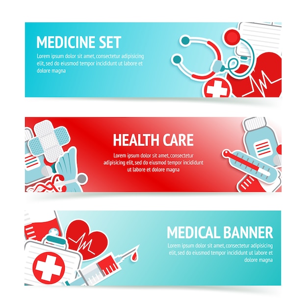 Free Vector | Three horizontal health care banners with medical emblems ...