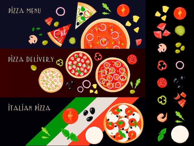 Three italian pizza horizontal banners set with isolated filler ingredient icons Free Vector