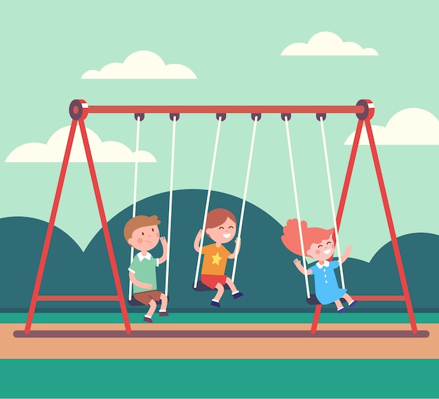 Three kids boys and girl swinging in public park Vector | Free Download