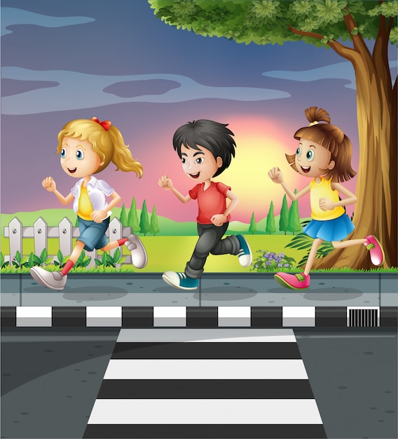 Three Kids Running Along The Road Free Vector