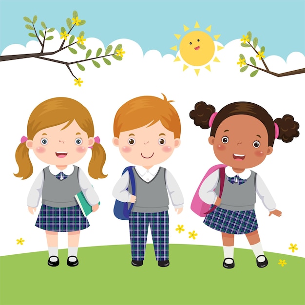 Premium Vector | Three kids in school uniform going to school