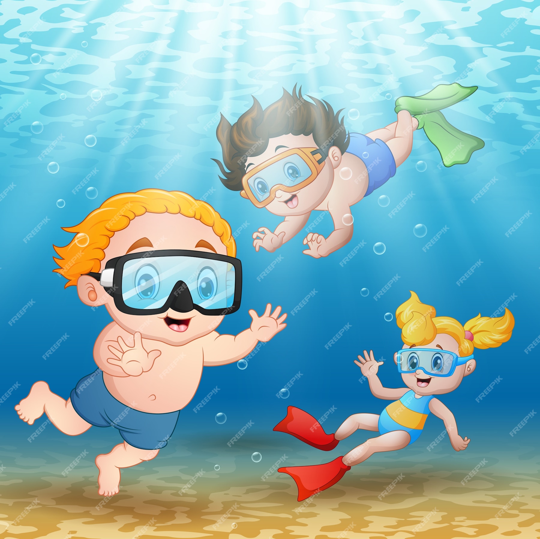 Premium Vector | Three kids swimming and diving underwater