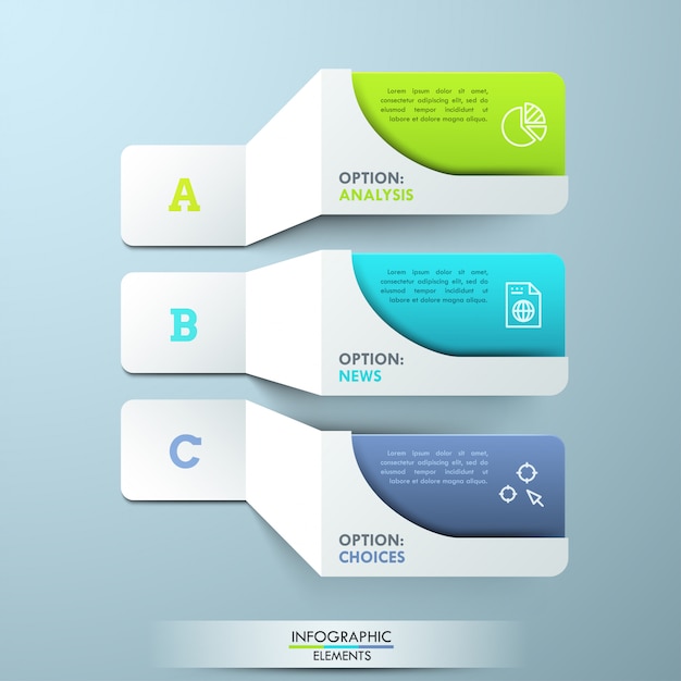 Three lettered paper white elements with pictograms and colorful text boxes. creative infographic  t