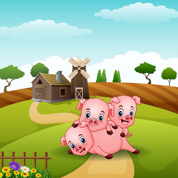 Premium Vector | Three little pig playing in the hills