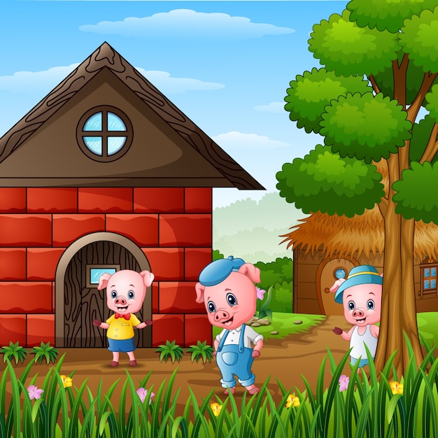 Premium Vector | Three little pigs at village