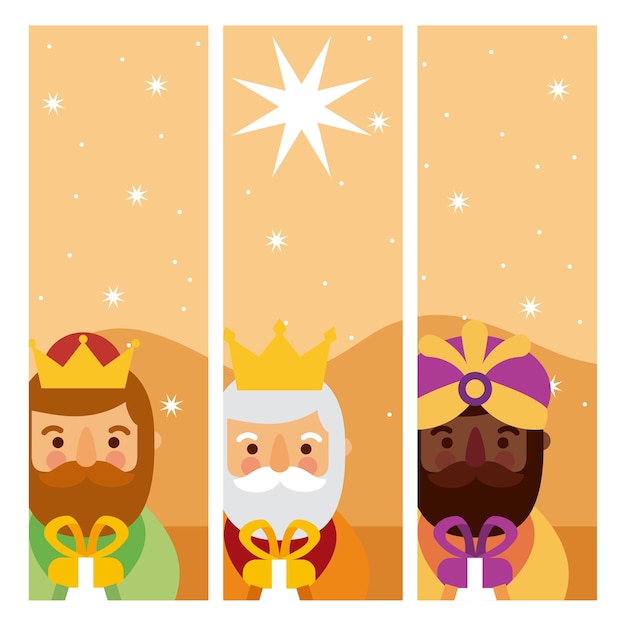 Three magic kings bring presents to jesus Premium Vector