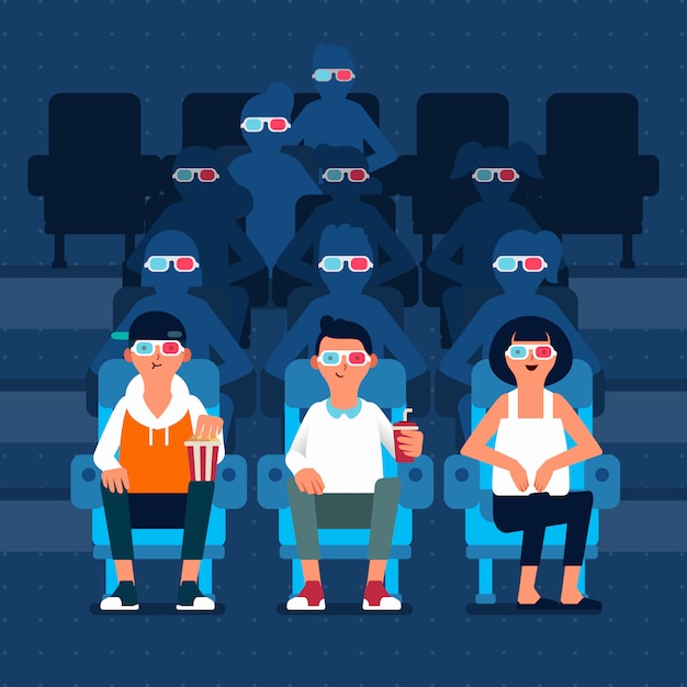 映画館で3 D映画を見ている3人のキャラクターとイラストの背後にある多くの人々のシルエット プレミアムベクター