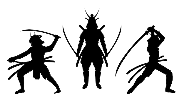 3つの武士の姿勢は白い背景をシルエット プレミアムベクター