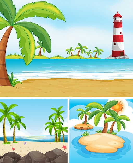 Three scenes with ocean and island
