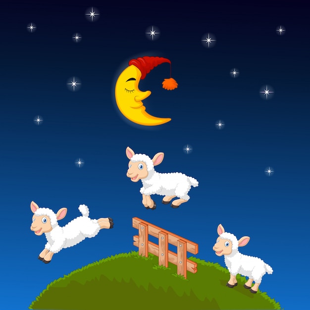 Premium Vector | Three sheep jumping over the fence