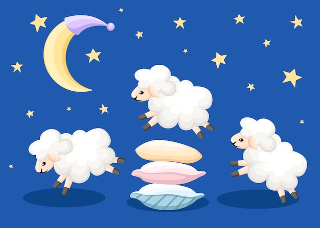 枕を飛び越える3つの羊の睡眠時間は星と月のイラストwebサイトページとモバイルアプリで青い背景に不眠症から羊を数えます プレミアムベクター