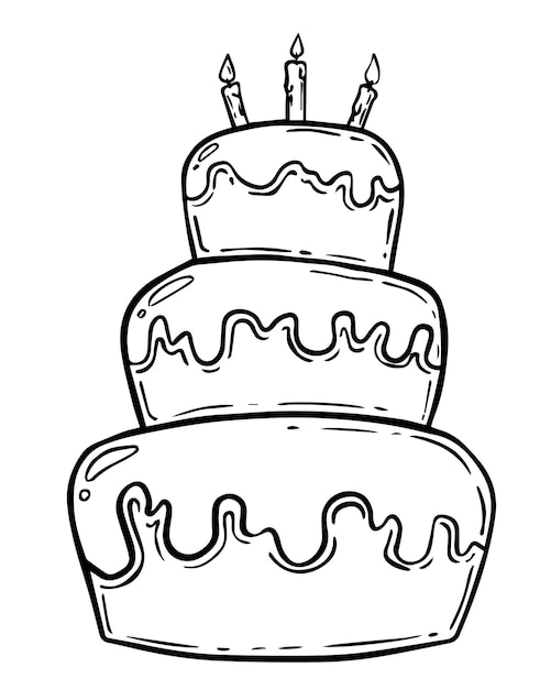 Premium Vector Threetiered cake with burning candles doodle linear