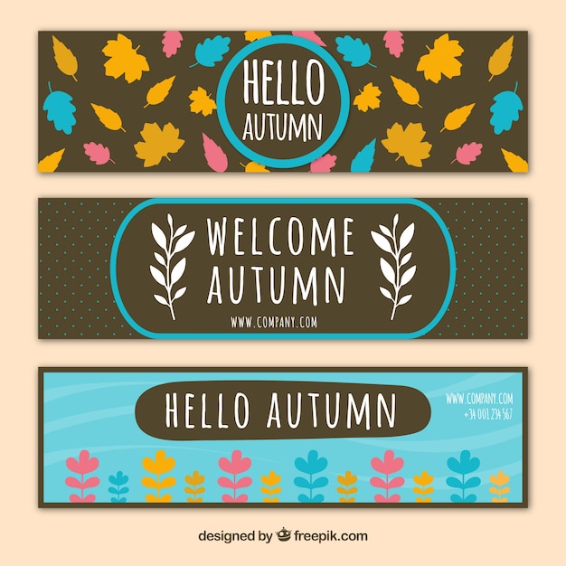 Three vintage banners of colorful leaves set