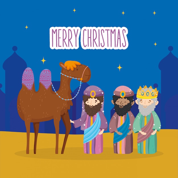 Premium Vector | Three wise kings and camel manger nativity, merry ...