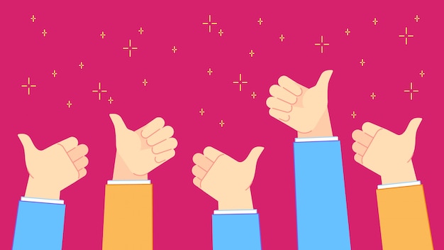Thumb up feedback. successful office people with thumbs up hand gestures, teamwork and positive congratulations  illustration Premium Vector