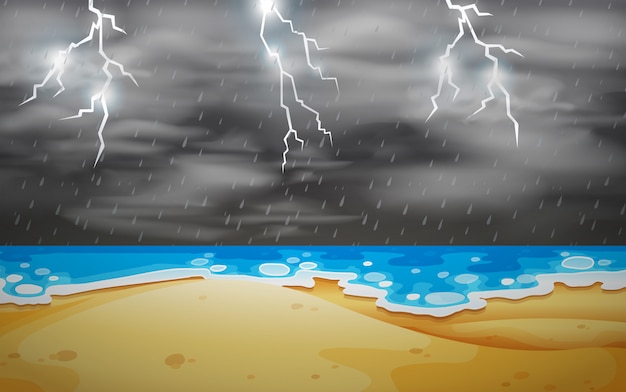 Premium Vector | A thunderstorm scene at beach