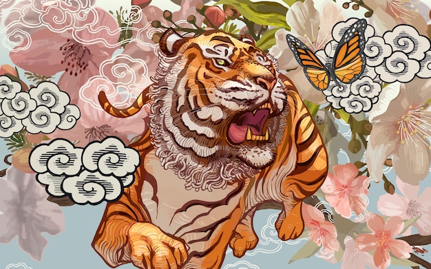 桜のイラストの中に虎と蝶 プレミアムベクター