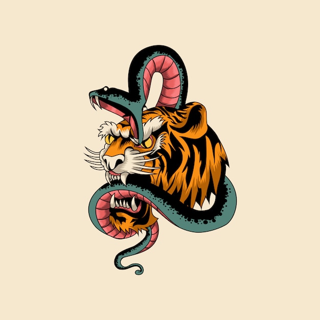 虎と蛇の伝統的なイラスト プレミアムベクター