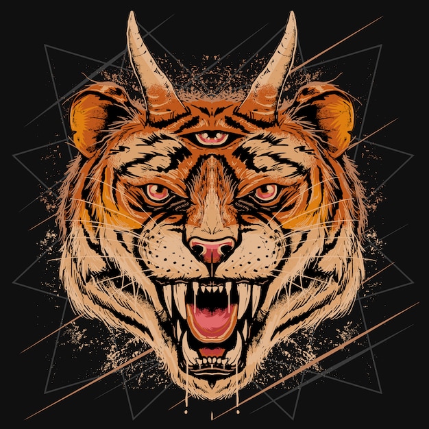 Tiger head angry face with horn and three eyes detail with grunge effect editable layers Premium Vector