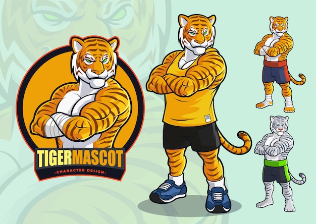 斑点と格闘技のロゴとイラストの虎のマスコット プレミアムベクター