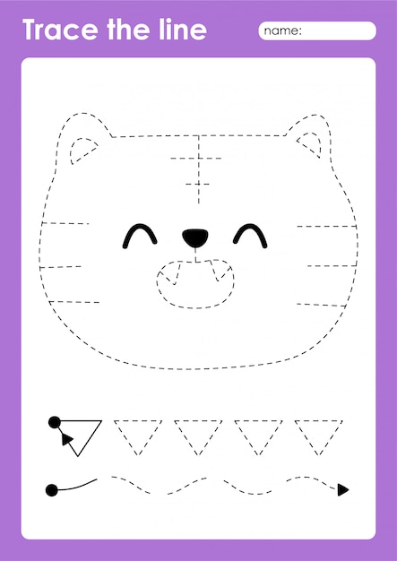 Tiger - tracing lines preschool worksheet for kids for practicing fine