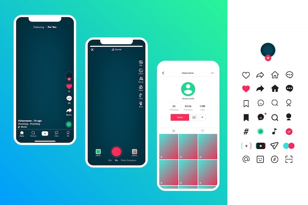 Premium Vector | Tik tok ui and set of tiktok icons, tik tok layout ...