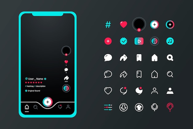 Tiktok app interface with icons set | Free Vector