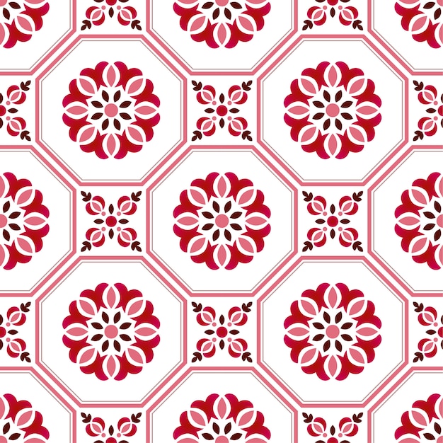 タイルパターン カラフルな装飾的な花のシームレスな背景 美しいセラミック壁紙の装飾ベクトルイラスト プレミアムベクター