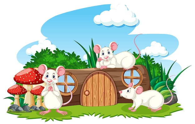 Free Vector | Timber house with three mouses cartoon style on white ...