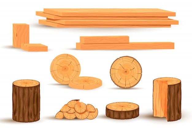 木材セット 積み上げ木材と薪の丸太 森の木のオブジェクト 木材木材生産漫画のベクトル図 プレミアムベクター