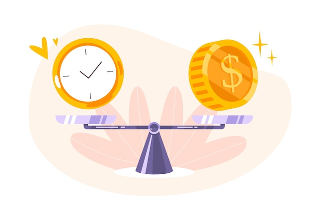 Time is money balance on scale icon. concept of time management, economy and investment. comparison work and value, financial profit. vector flat illustration of coins, cash and watch on seesaw. Free Vector