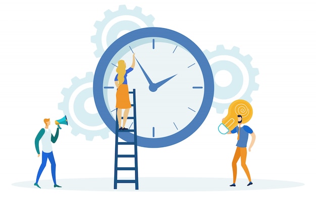 Time management, girl on ladder changing time. Premium Vector