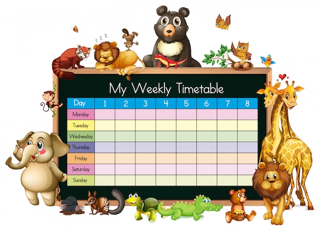 Free Vector Timetable Template With Many Animals On White Background