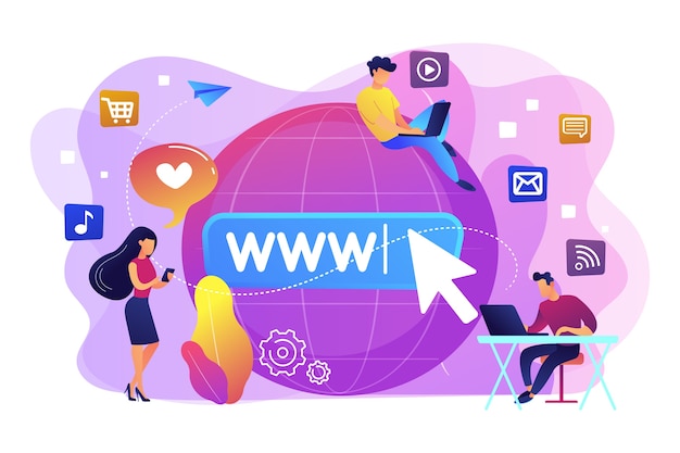Tiny business people with digital devices at big globe surfing internet. internet addiction, real-life substitution, living online disorder concept. bright vibrant violet isolated illustration Free Vector