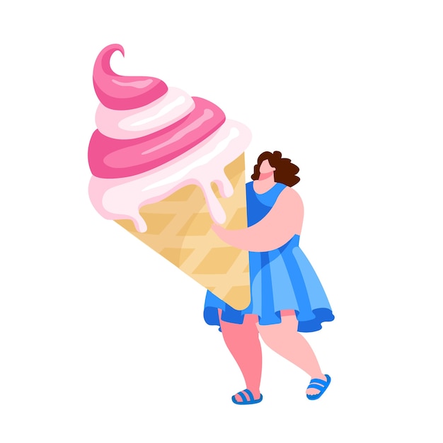 小さな女性キャラクターがワッフルコーンで巨大なフルーツアイスクリームを運ぶ プレミアムベクター