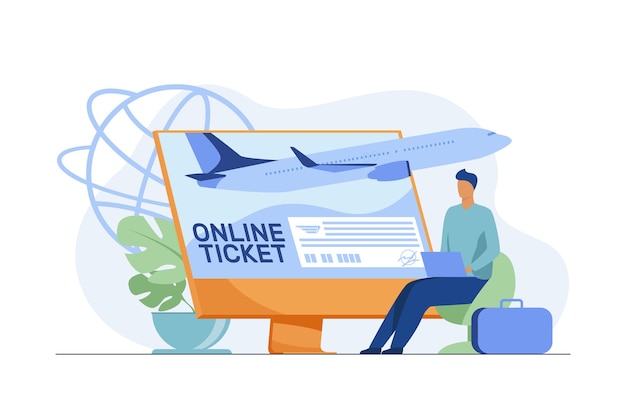 Tiny man buying ticket online via laptop. monitor, plane, baggage flat vector illustration. travelling and digital technology Free Vector