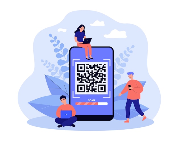 Premium Vector | Tiny people scanning qr code