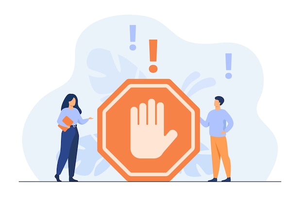 Tiny people standing near prohibited gesture isolated flat illustration. Free Vector