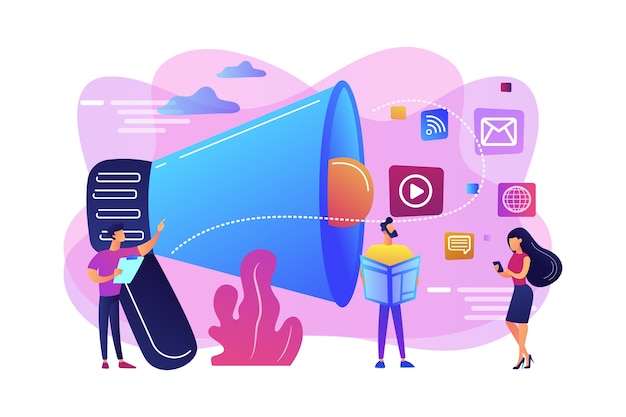 Tiny peple, marketing manager with megaphone and push advertising. push advertising, traditional marketing strategy, interruption marketing concept. Free Vector