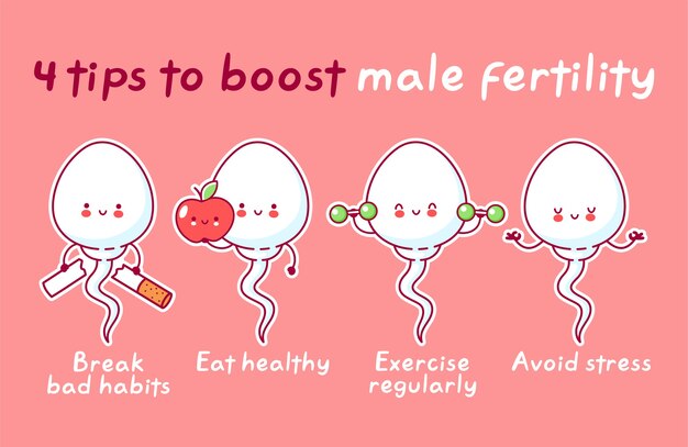 男性の生殖能力を高めるためのヒント かわいい幸せな面白い精子細胞 ライン漫画かわいいキャラクターイラストアイコン 受精コンセプト プレミアムベクター