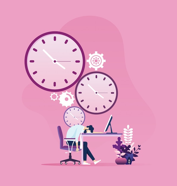 Tired businessman sleeping on a table with clock Premium Vector